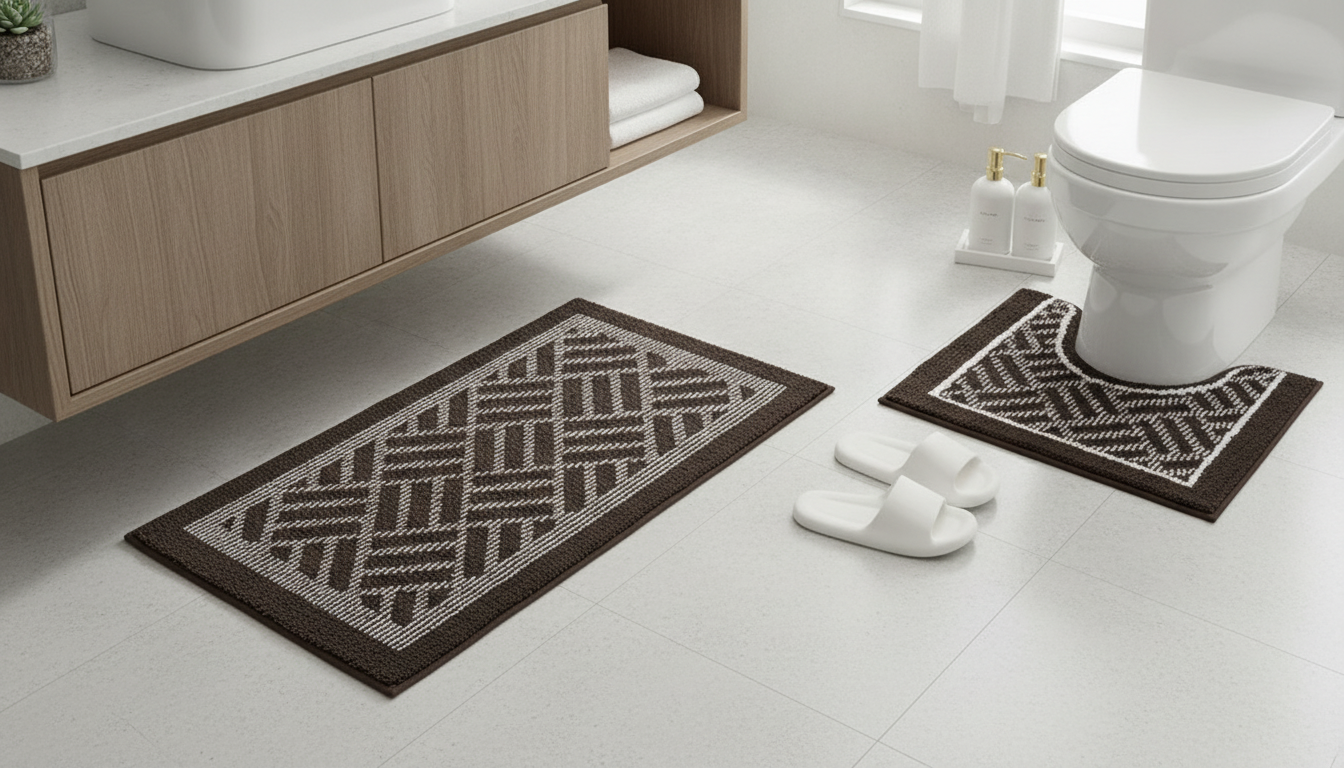 Striped 2-Piece Anti-Slip Flocking Bath & Toilet Mat Set